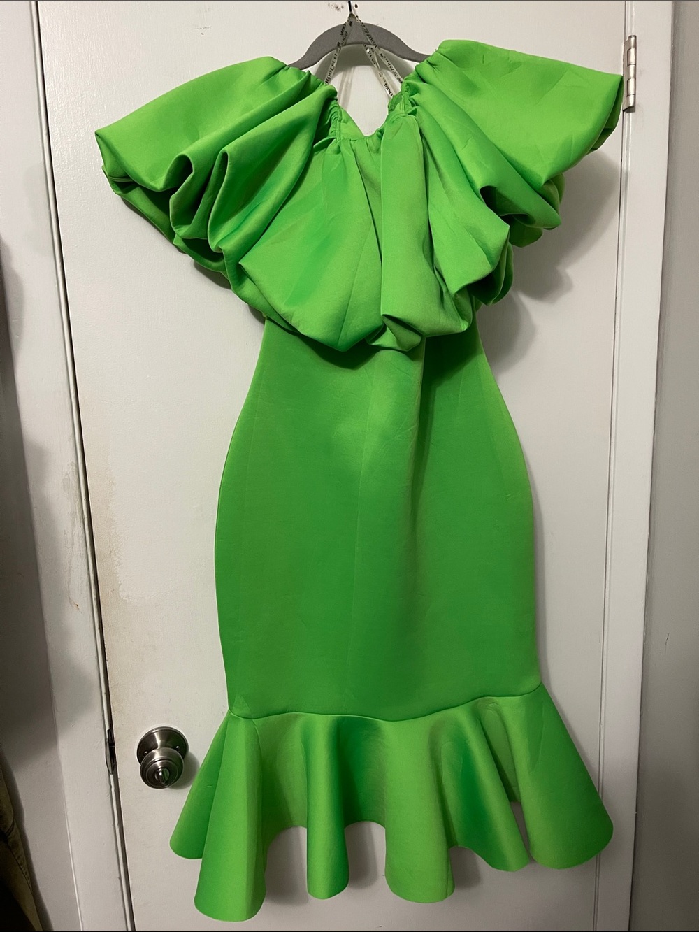 Va Va Voom Lime Green Ruffle Off-Shoulder Mermaid Midi Dress
